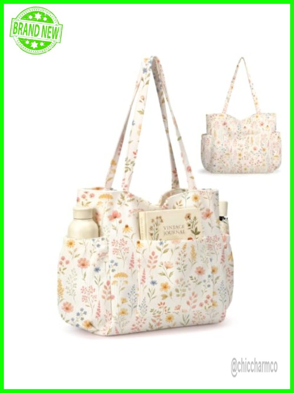 Corduroy Tote Bag for Women Large Capacity with 6 Pockets Shoulder Handbag